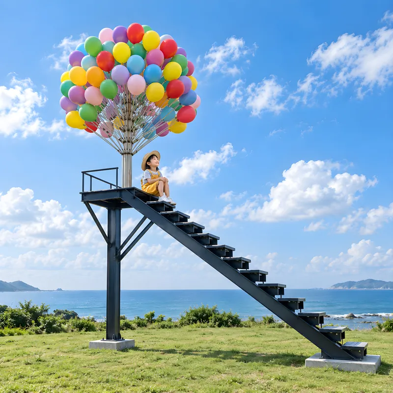 Stairway to the balloons — The stairs end at a tree of balloons. Above that, only sky.
