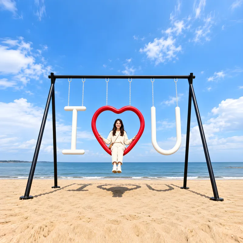 I ♥ U letter swing — Sit in the heart, and the sand spells out the rest.