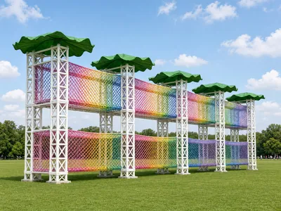空中彩虹廊 — 走在彩虹里，脚下是网，网下面是草。