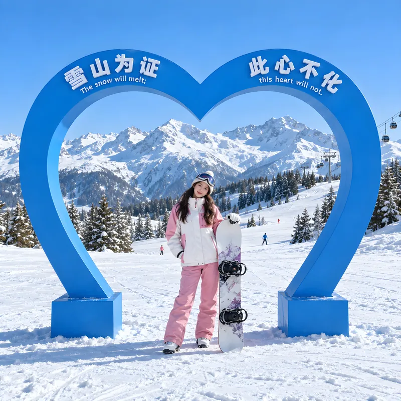 雪场心门 — 蓝色的心立在雪里，穿滑雪板也能走过去。