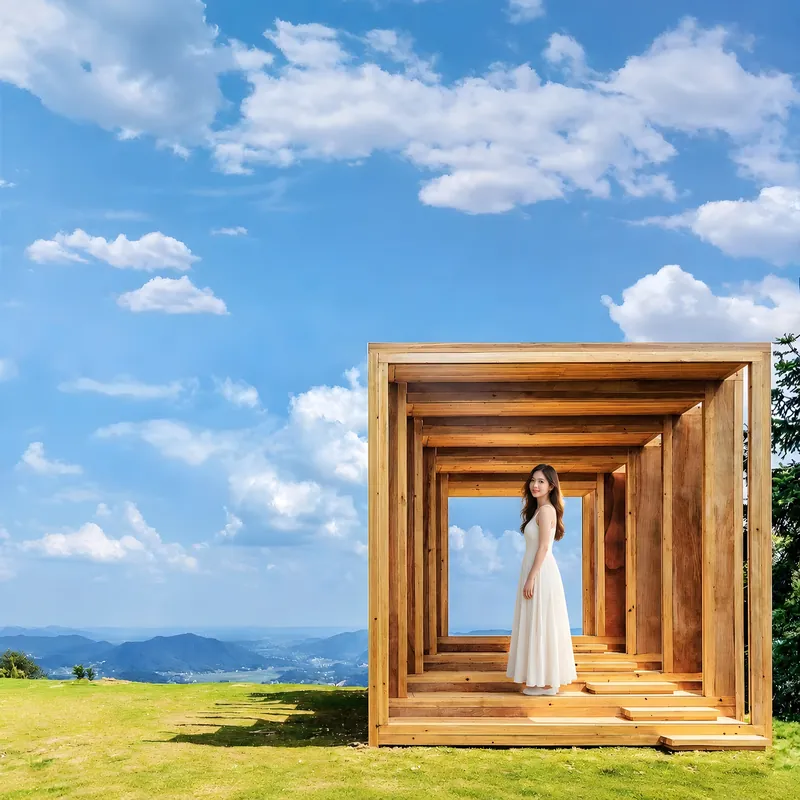 Nested timber frames — Frame inside frame, and the sky gets smaller and farther with every step.
